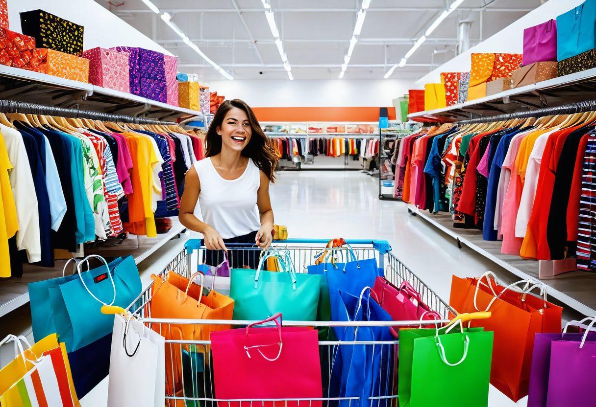 A savvy shopper joyfully searching through racks filled with discounted items, surrounded by vibrant tags highlighting amazing savings. Include a closeout supplier's label in the corner and a shopping cart brimming with deals. The background should showcase a bustling market scene filled with vibrant colors and excited shoppers. playful, cartoonish style. bright colors. white background.