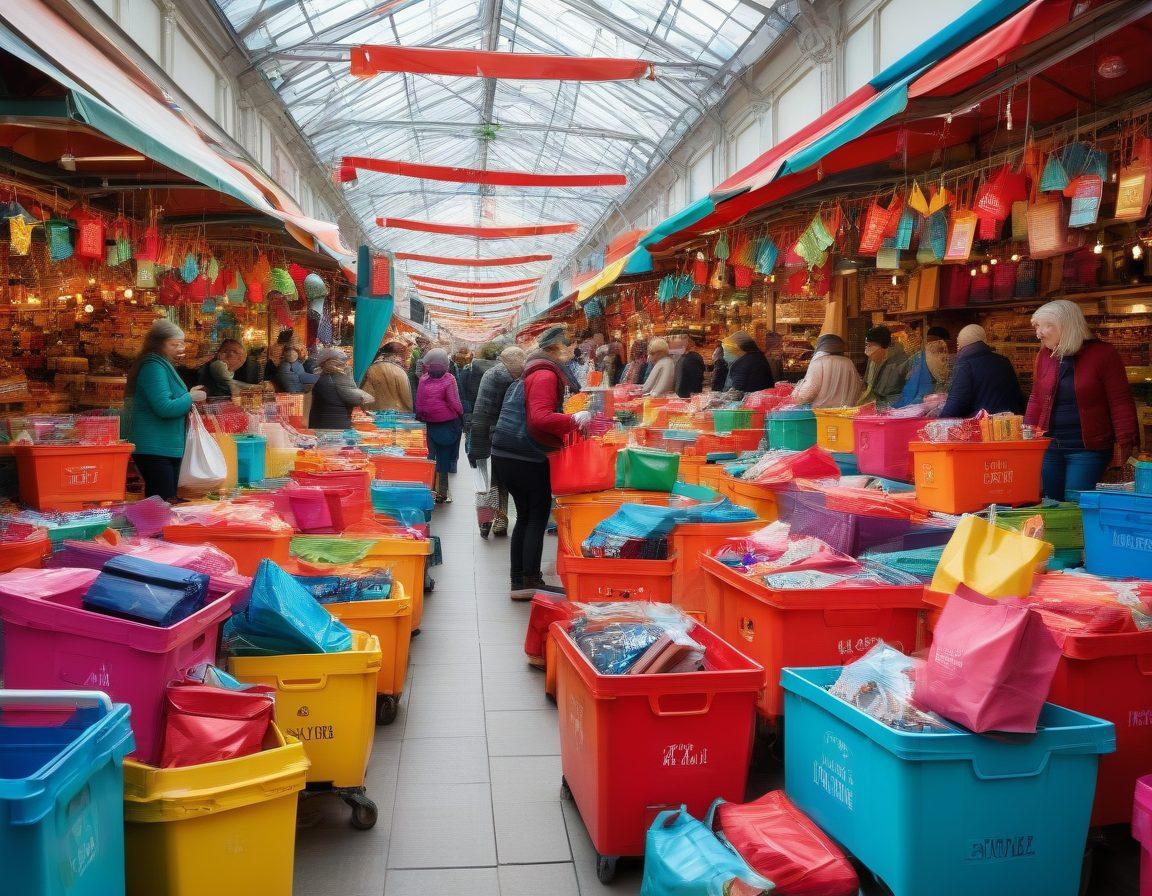 A vibrant marketplace scene filled with colorful clearance signs and diverse shoppers enthusiastically browsing bargain items. Showcase overflowing shopping carts, marked-down labels, and happy faces discovering deals. Include playful stacks of boxes, shopping bags, and festive decorations to convey a lively atmosphere. Emphasize the excitement of finding hidden treasures. bright colors. dynamic perspective. illustration.