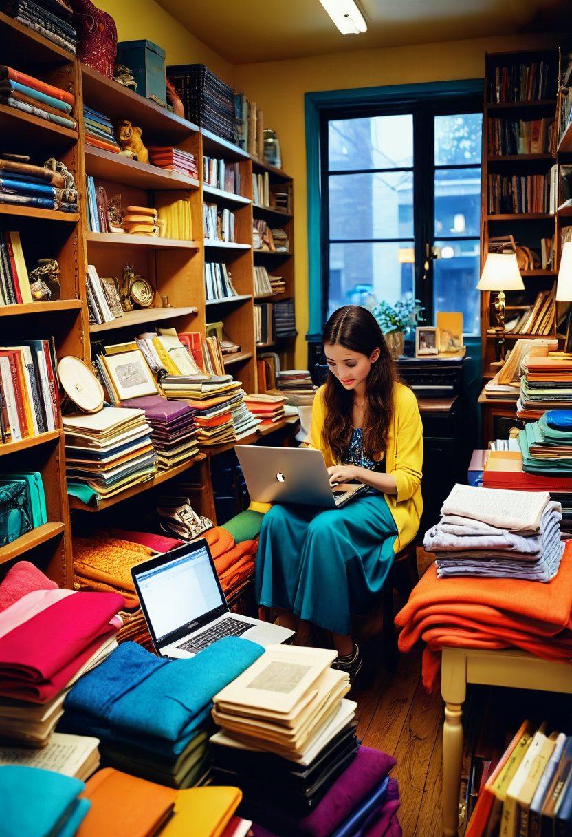 A vibrant scene showcasing a thrift store filled with eclectic items, bright clothes hanging on racks, vintage furniture, and stacks of books. In the foreground, a person joyfully sorting through treasures, with a laptop displaying figures indicating profits. The store has warm lighting, emphasizing a welcoming atmosphere, while the background shows a busy street scene outside. super-realistic. vibrant colors. 3D.